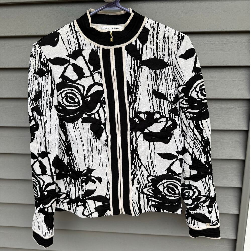 St. John size 6 Vintage Rose Floral Woodgrain Full Zip Mock Neck Jacket Cardigan